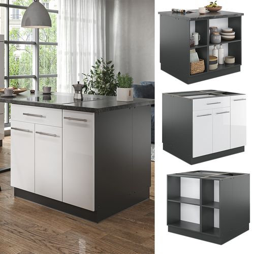 Îlot De Cuisine Fame-line 38712 Blanc Brillant/anthracite 90cm Avec Tiroir, Sans Pt