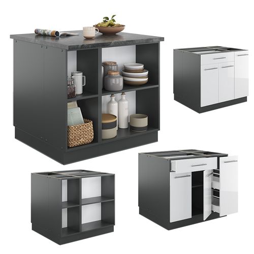 Îlot De Cuisine Fame-line 38712 Blanc Brillant/anthracite 90cm Avec Tiroir, Sans Pt