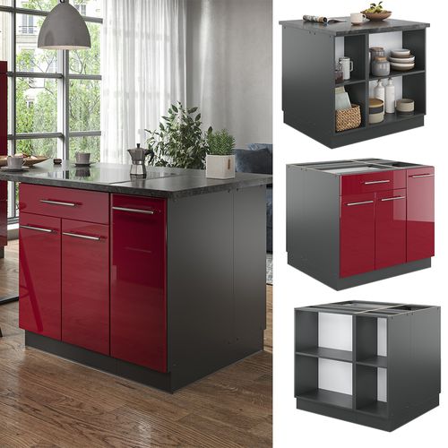 Îlot De Cuisine Fame-line 38713 Bordeaux Haute Brillance/anthracite 90cm Avec Tiroir, Sans Pt