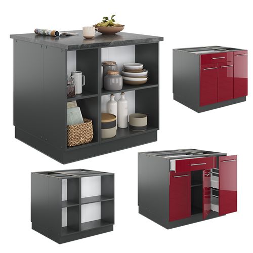 Îlot De Cuisine Fame-line 38713 Bordeaux Haute Brillance/anthracite 90cm Avec Tiroir, Sans Pt