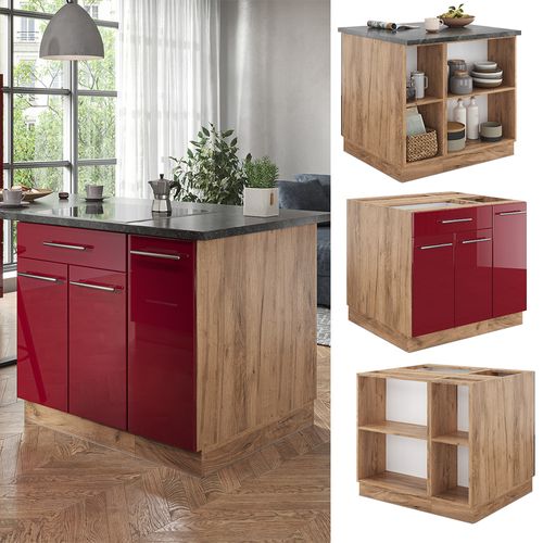 Îlot De Cuisine Fame-line 38719 Bordeaux Brillant/chêne Doré 90cm Avec Tiroir, Sans Pt