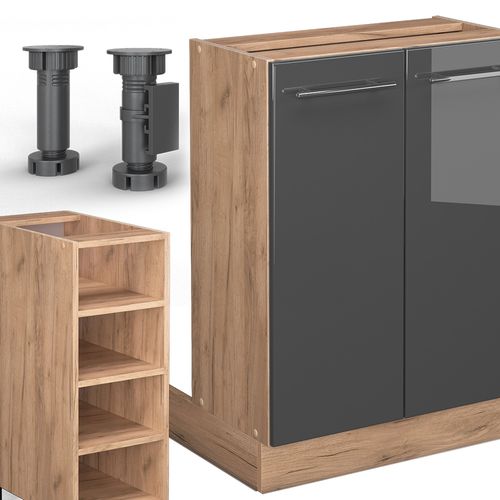 Îlot De Cuisine Fame-line 38736 Anthracite Brillant/chêne Doré 90cm Sans Pt