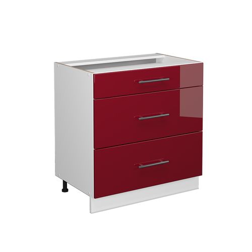 Meuble Cuisine Fame-line 38557 Rouge Bordeaux Haute Brillance 80cm Avec 3 Tiroirs, Sans Pt
