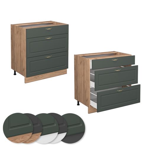 Meuble Cuisine Fame-line 38631 Vert Or Campagne 80cm Avec 3 Tiroirs, Sans Pt