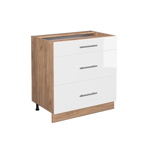 Meuble Cuisine Fame-line 38633 Blanc Haute Brillance 80cm Avec 3 Tiroirs, Sans Pt