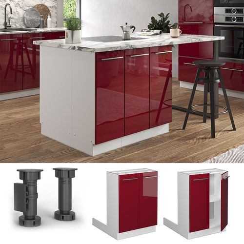 Îlot De Cuisine Fame-line 38549 Rouge Bordeaux Haute Brillance 60cm Sans Pt