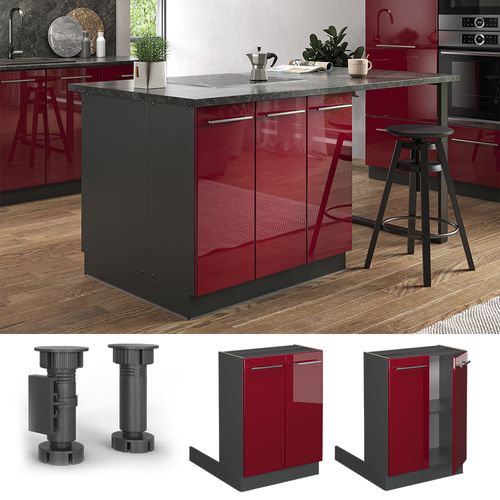 Îlot De Cuisine Fame-line 38592 Rouge Bordeaux Haute Brillance 60cm Sans Pt