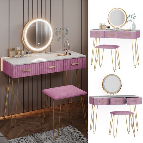 Coiffeuse Layla 38503 Rose 100cm Avec Éclairage LED Et Tabouret