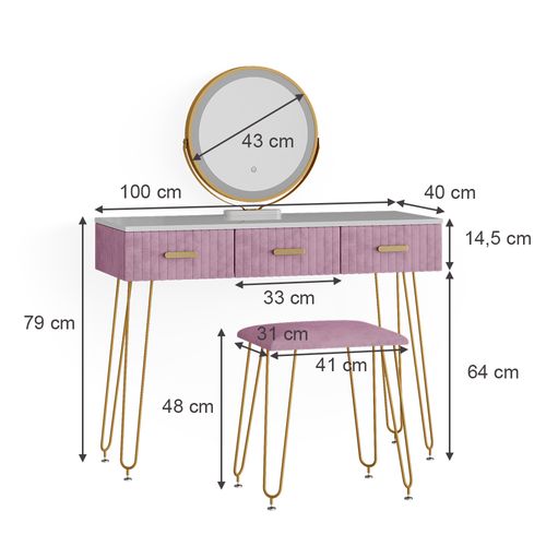 Coiffeuse Layla 38503 Rose 100cm Avec Éclairage LED Et Tabouret