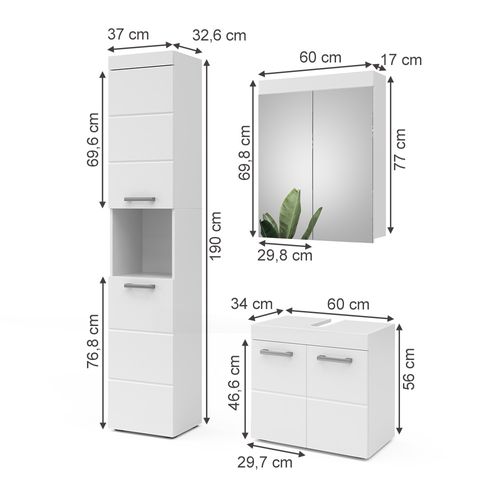 Meubles Bain Luna 38781 Blanc 3 Pièces, Avec Armoire Haute