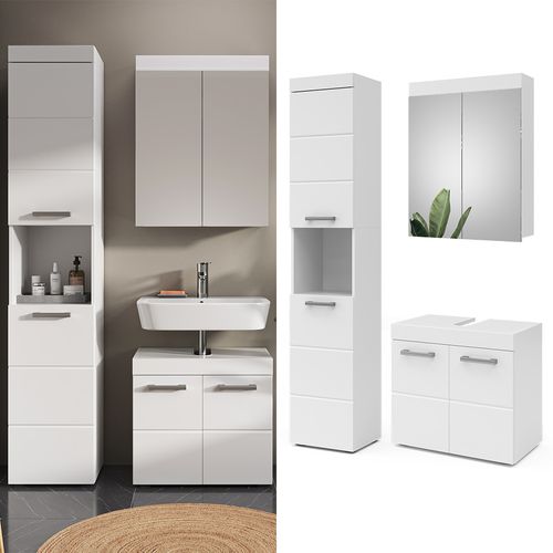 Meubles Bain Luna 38781 Blanc 3 Pièces, Avec Armoire Haute