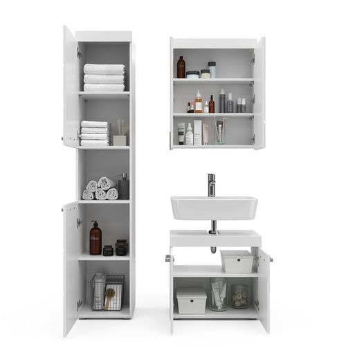 Meubles Bain Luna 38781 Blanc 3 Pièces, Avec Armoire Haute