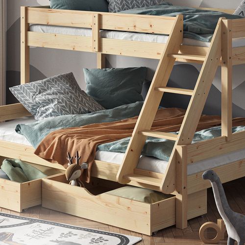 Lit Superposé Everest 39558 Naturel Bois 140x200 / 90x200 Cm Avec Tiroirs