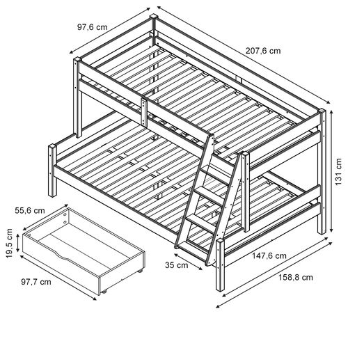 Lit Superposé Everest 39558 Naturel Bois 140x200 / 90x200 Cm Avec Tiroirs
