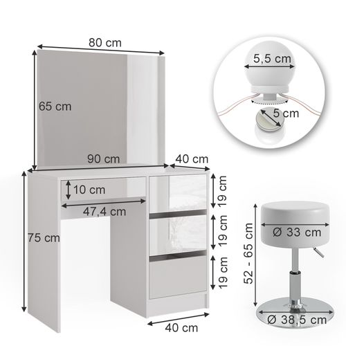 Coiffeuse Sherry 39578 Blanc 90cm Avec Éclairage LED Et Tabouret