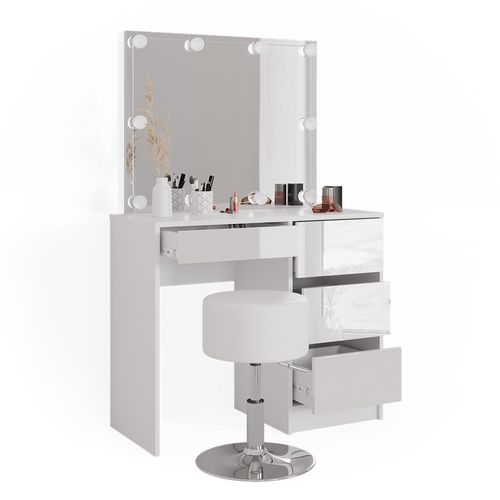 Coiffeuse Sherry 39578 Blanc 90cm Avec Éclairage LED Et Tabouret