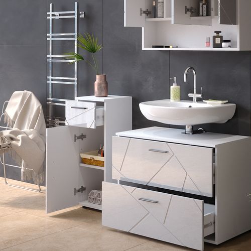 Meubles Bain Irma 39585 Blanc Haute Brillance 3 Pièces, Avec Armoire à Tiroirs Et Armoire Centrale