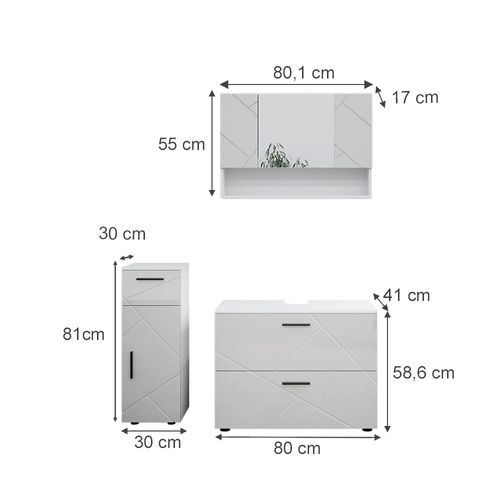 Meubles Bain Irma 39585 Blanc Haute Brillance 3 Pièces, Avec Armoire à Tiroirs Et Armoire Centrale