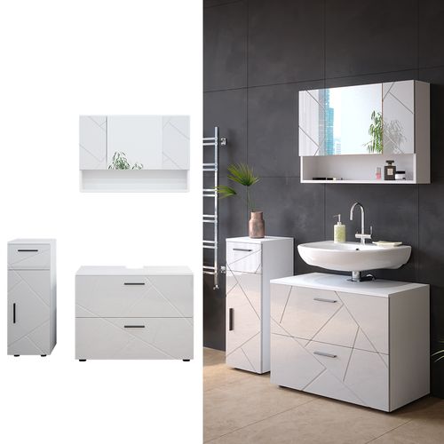 Meubles Bain Irma 39585 Blanc Haute Brillance 3 Pièces, Avec Armoire à Tiroirs Et Armoire Centrale