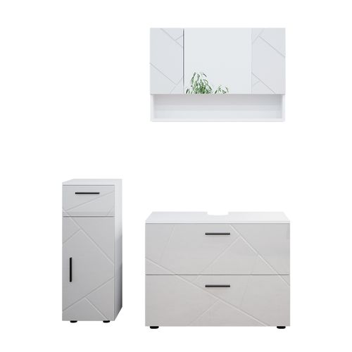 Meubles Bain Irma 39585 Blanc Haute Brillance 3 Pièces, Avec Armoire à Tiroirs Et Armoire Centrale