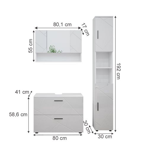 Meubles Bain Irma 39587 Blanc Haute Brillance 3 Pièces, Armoire Basse 80 Cm