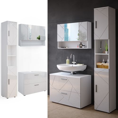 Meubles Bain Irma 39587 Blanc Haute Brillance 3 Pièces, Armoire Basse 80 Cm