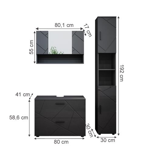 Meubles Bain Irma 39592 Anthracite Haute Brillance 3 Pièces, Armoire Basse 80 Cm