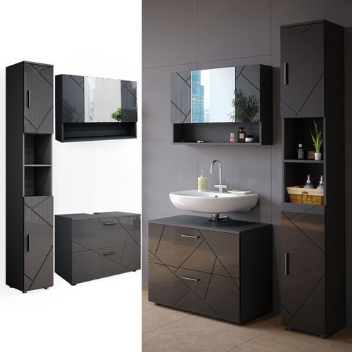 Meubles Bain Irma 39592 Anthracite Haute Brillance 3 Pièces, Armoire Basse 80 Cm