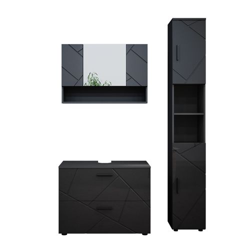 Meubles Bain Irma 39592 Anthracite Haute Brillance 3 Pièces, Armoire Basse 80 Cm