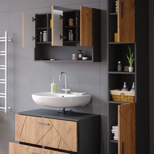 Meubles Bain Irma 39597 Chêne Doré/anthracite 3 Pièces, Armoire Basse 80 Cm