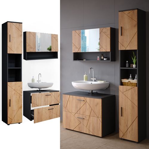 Meubles Bain Irma 39597 Chêne Doré/anthracite 3 Pièces, Armoire Basse 80 Cm
