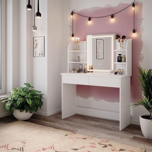 Coiffeuse Charlotte, Blanc, 106cm Avec Miroir LED