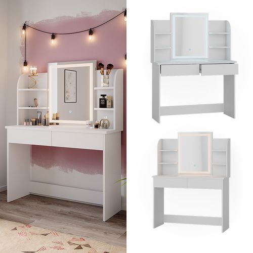 Coiffeuse Charlotte, Blanc, 106cm Avec Miroir LED