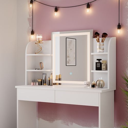 Coiffeuse Charlotte, Blanc, 106cm Avec Miroir LED