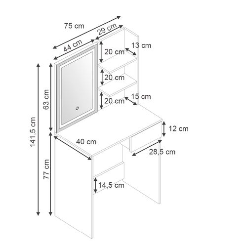 Coiffeuse Dekos 39548 Blanc 75cm Avec Miroir LED