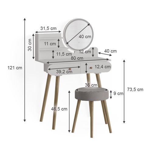 Coiffeuse Edda 39608 Blanc 80cm Avec Éclairage LED Et Tabouret