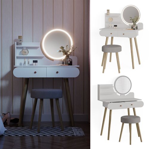 Coiffeuse Edda 39608 Blanc 80cm Avec Éclairage LED Et Tabouret
