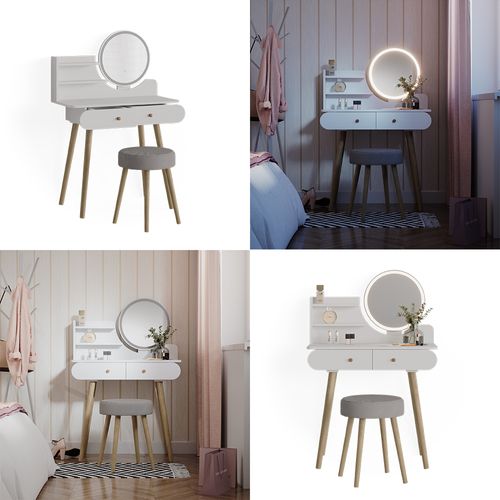 Coiffeuse Edda 39608 Blanc 80cm Avec Éclairage LED Et Tabouret