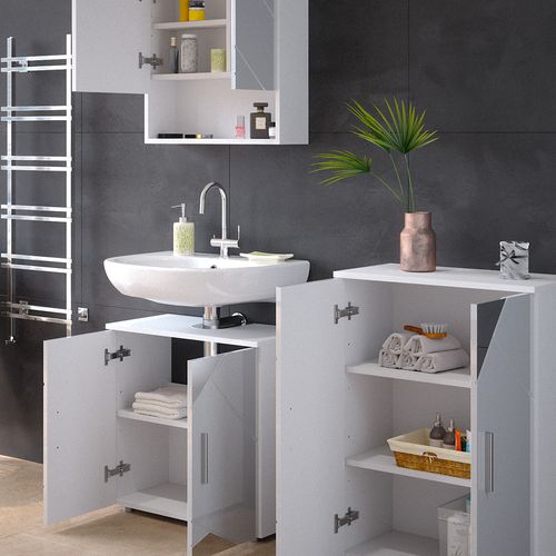 Meubles Bain Irma 39662 Blanc Brillant Avec Inserts 3 Pièces, Avec Armoire Basse 60 Cm