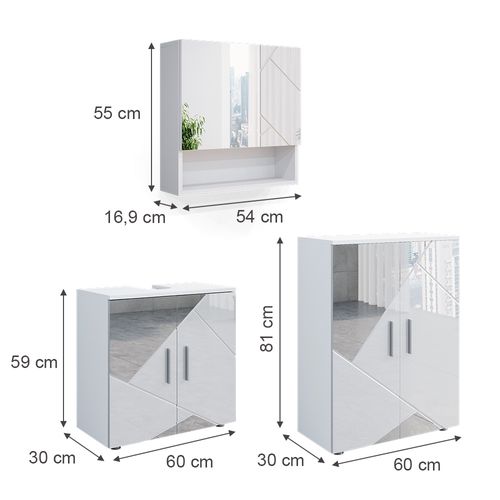 Meubles Bain Irma 39662 Blanc Brillant Avec Inserts 3 Pièces, Avec Armoire Basse 60 Cm