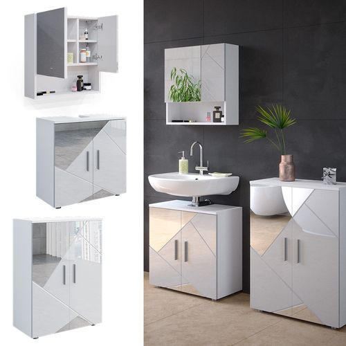 Meubles Bain Irma 39662 Blanc Brillant Avec Inserts 3 Pièces, Avec Armoire Basse 60 Cm