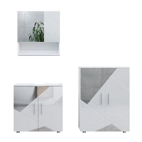 Meubles Bain Irma 39662 Blanc Brillant Avec Inserts 3 Pièces, Avec Armoire Basse 60 Cm