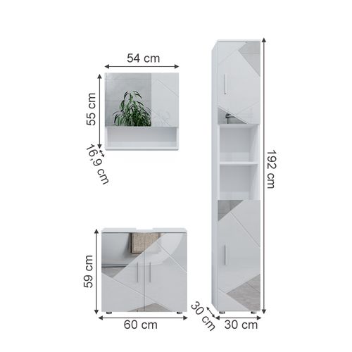 Meubles Bain Irma 39663 Blanc Brillant Avec Inserts 3 Pièces, Armoire à Tiroirs Et Armoire Haute