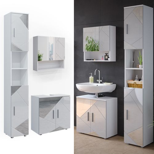 Meubles Bain Irma 39663 Blanc Brillant Avec Inserts 3 Pièces, Armoire à Tiroirs Et Armoire Haute