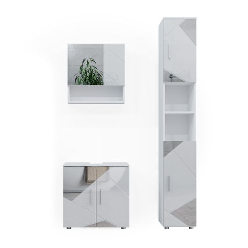 Meubles Bain Irma 39663 Blanc Brillant Avec Inserts 3 Pièces, Armoire à Tiroirs Et Armoire Haute