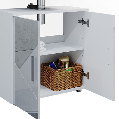 Meubles Bain Irma 39663 Blanc Brillant Avec Inserts 3 Pièces, Armoire à Tiroirs Et Armoire Haute