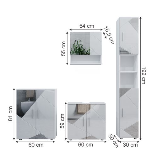Meubles Bain Irma 39664 Blanc Brillant Avec Inserts 4 Pièces, Avec Armoire Haute Et Commode