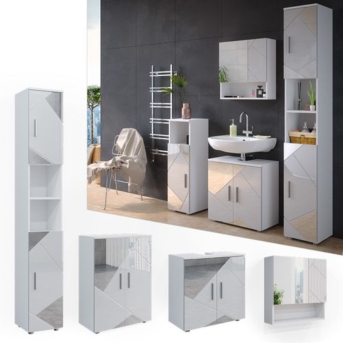 Meubles Bain Irma 39664 Blanc Brillant Avec Inserts 4 Pièces, Avec Armoire Haute Et Commode
