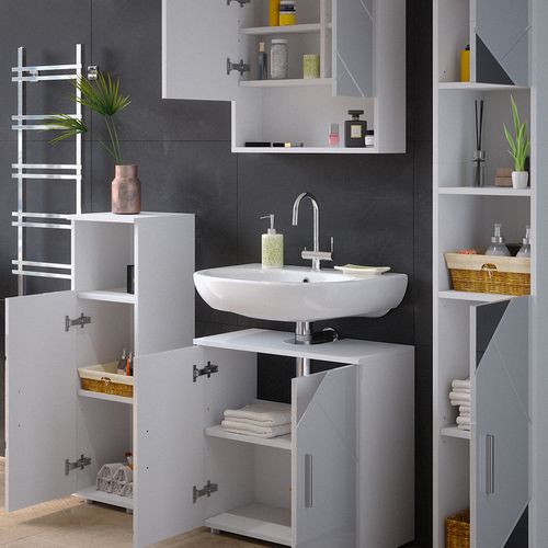 Meubles Bain Irma 39666 Blanc Brillant Avec Inserts 4 Pièces, Avec Armoire Haute