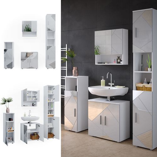 Meubles Bain Irma 39666 Blanc Brillant Avec Inserts 4 Pièces, Avec Armoire Haute